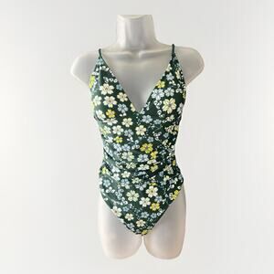 NEW Cupshe Green Floral 1-Piece Swimsuit Women's Med Deep V Wrap Tummy Control